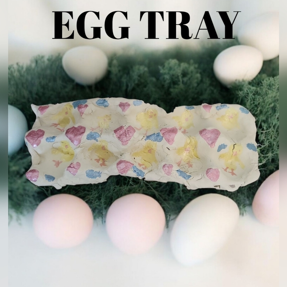 Handmade Air Dry Clay Egg Tray with Metallic Hearts & Yellow Chickens